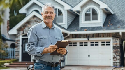 A happy man with gray hair is holding a clipboard and standing confidently in front of a house with beautiful stonework, representing the real estate profession.