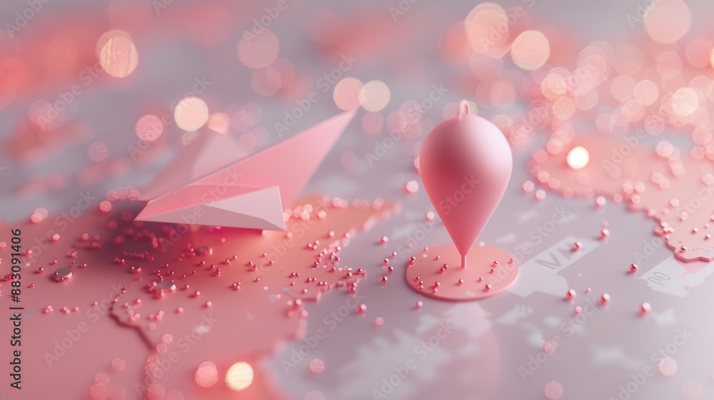 Poster explore the globe with a 3d map and pin pointed by a paper airplane. the pink background symbolizes 