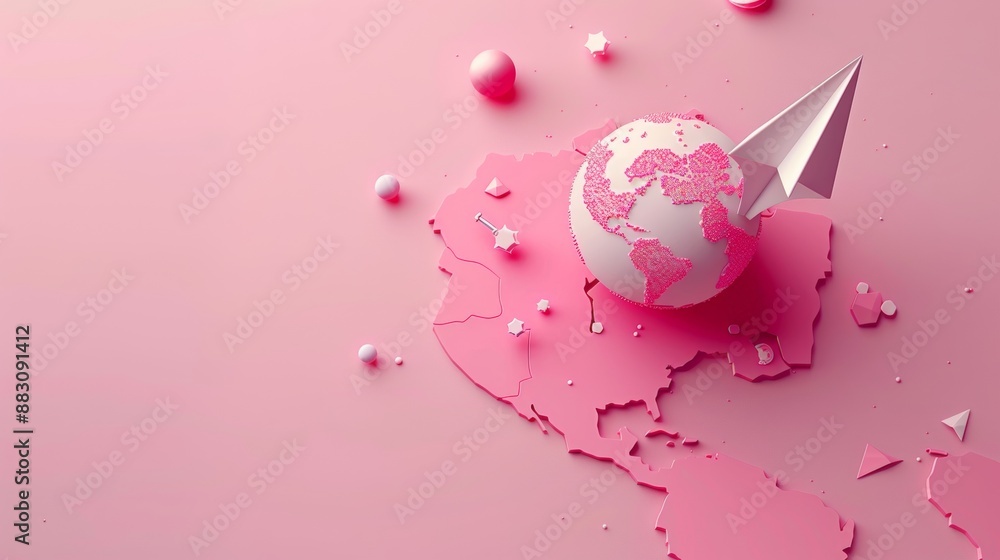 Poster explore the globe with a 3d map and pin pointed by a paper airplane. the pink background symbolizes 