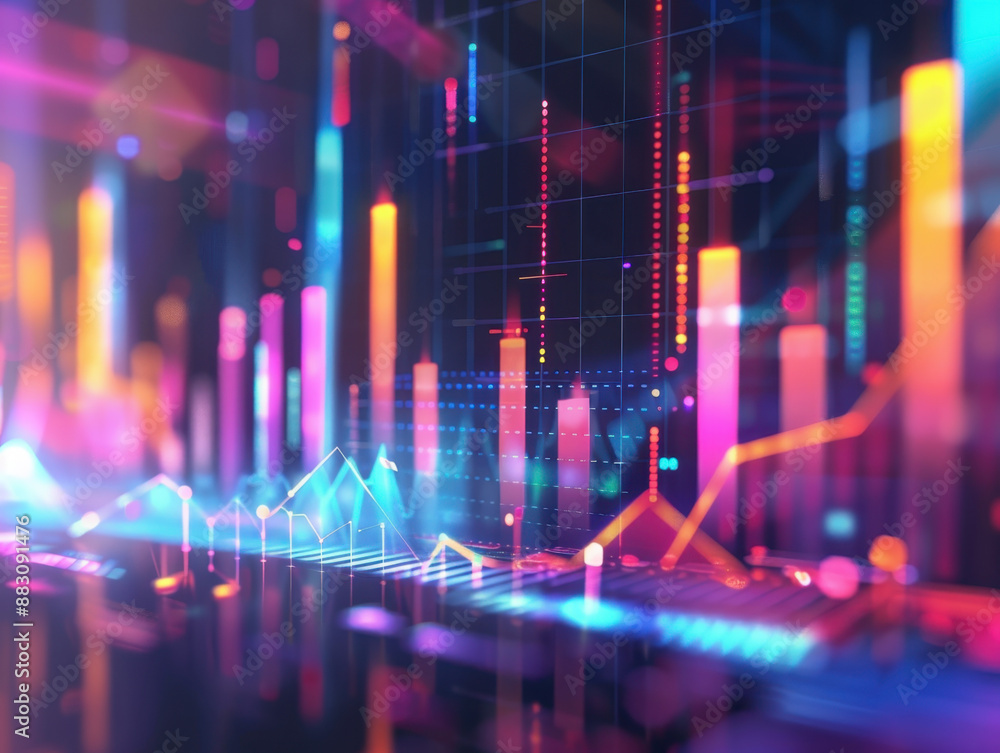 Aufkleber vibrant financial data visualization with colorful bar charts and line graphs in a futuristic digita