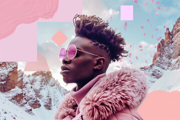 Stylish person in winter mountain landscape with modern sunglasses and abstract geometric shapes. Wintern vibes collage, digital art, modern style, social media branding.
