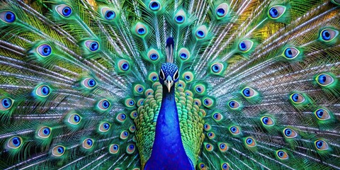 Obraz premium Beautiful blue peacock spreading its feathers, peacock, bird, colorful, vibrant, plumage, exotic, feathers, majestic, wildlife