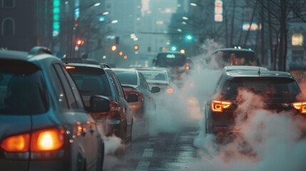 Obraz premium Urban traffic congestion with cars emitting exhaust fumes on a foggy city street at dawn