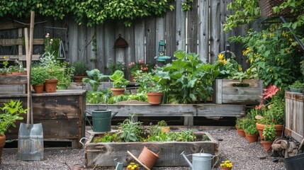 Rustic Garden with Wooden Planters and Gardening Tools.