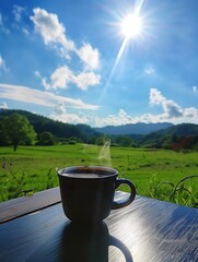 Cup of coffee and tea on a mountain, Ai generate
