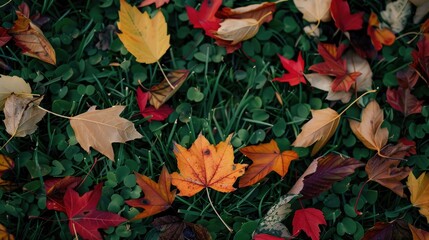 Randomly scattered withered leaves on green grass