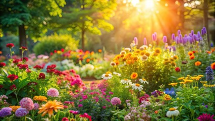 Beautiful garden with colorful flowers in soft sunlight, garden, colorful, flowers, soft sunlight, nature, beauty, blooming