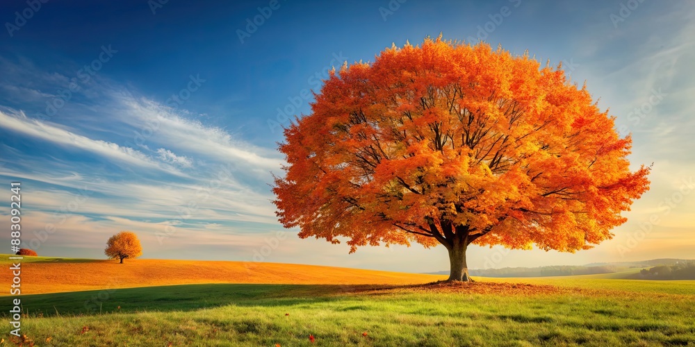 Poster Autumn tree with vibrant orange leaves standing alone in a field, autumn, tree, isolated, leaves, orange, vibrant, foliage