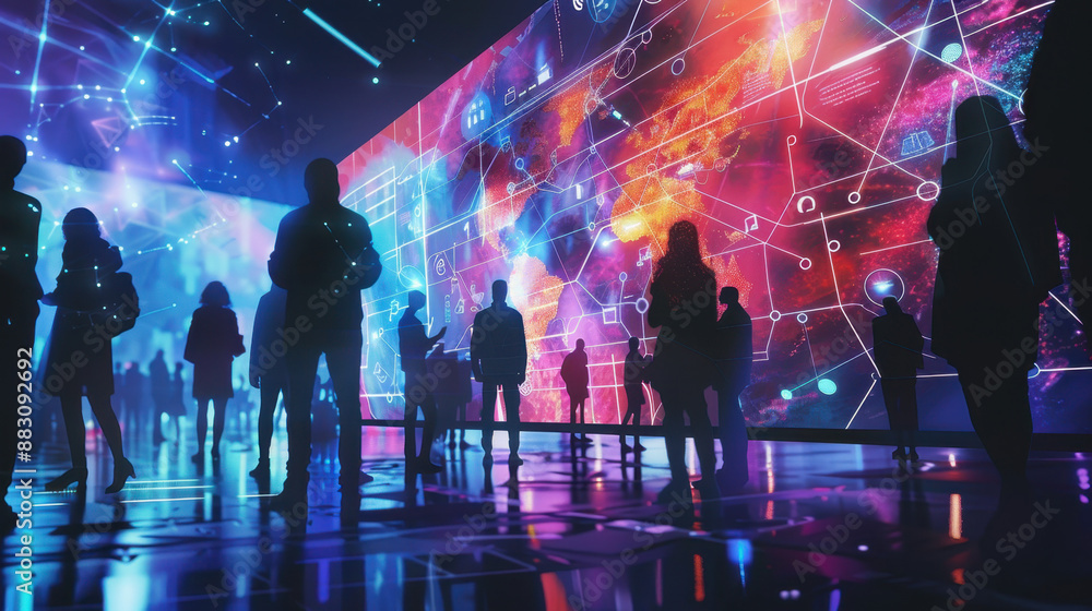 Poster silhouetted people interacting with vibrant digital wall displaying global network and data visualiz