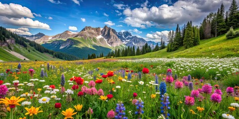 Fototapeta premium Beautiful alpine meadow with colorful wildflowers in full bloom, summer, alpine, meadow, wildflowers, colorful, bloom