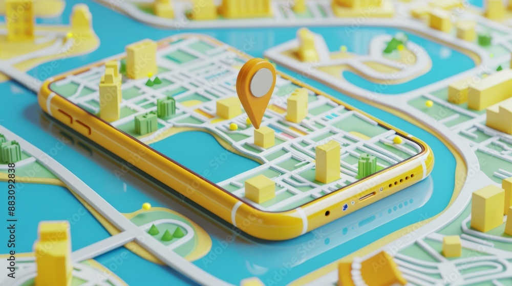 Poster gps with 3d map for navigating. map app on smartphone. it shows different parts of the city. modern 