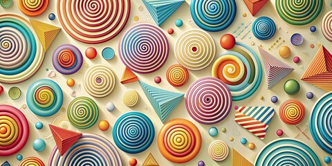 Abstract wallpaper featuring colorful spirals and geometric shapes on a light background, abstract, wallpaper, spirals