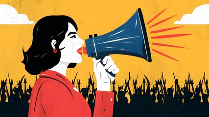 Rebell leader, a woman speech, a loud voice through a megaphone to the crowd, illustration