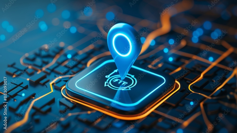Poster icon showing a blue pin and a map with gps navigation directions. internet search bar and technology