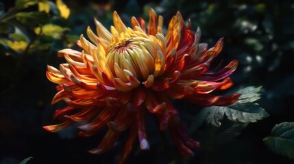 Stunning closeup image of a vibrant orange and red chrysanthemum flower in full bloom against a dark background