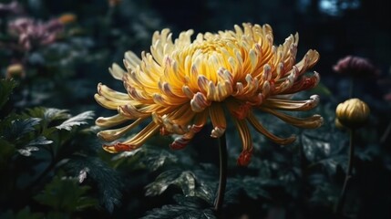 Closeup of a beautiful yellow spider mum flower in full bloom with dark background