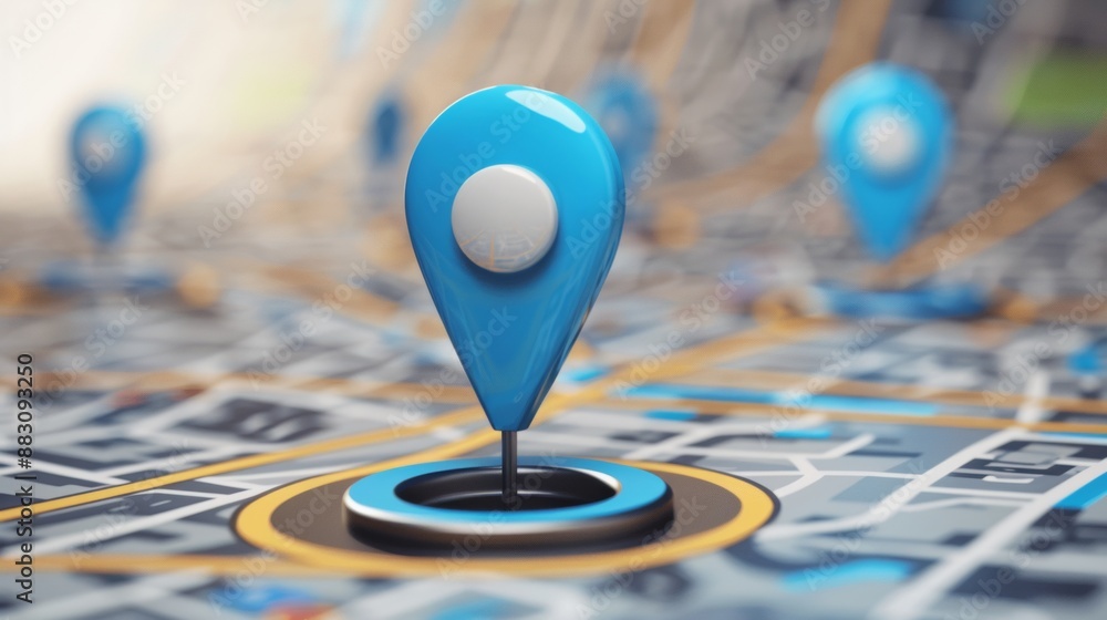 Poster icon showing a blue pin and a map with gps navigation directions. internet search bar and technology