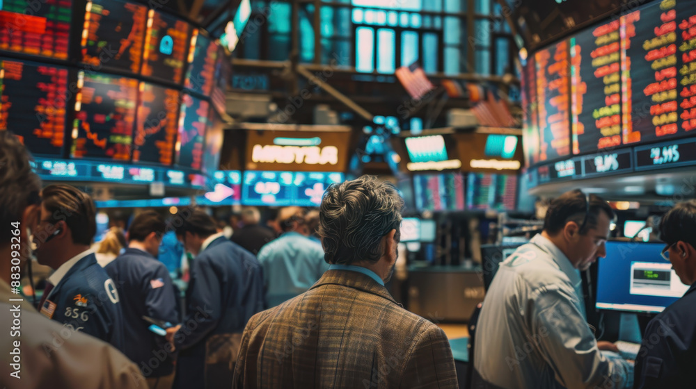 Poster busy stock traders working on trading floor with multiple digital displays showing market data and p