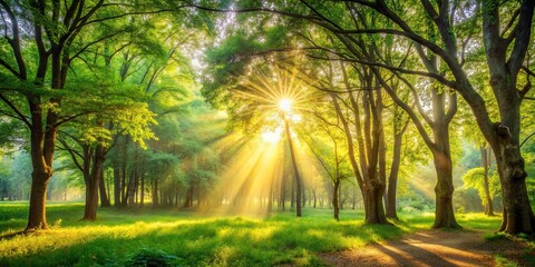 Obraz premium Beautiful nature background with sunlight filtering through the trees, nature, background, sunlight, trees, forest