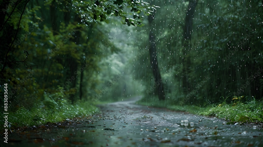 Poster serene forest path with gentle rainfall creating tranquil atmosphere