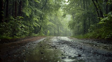 Obraz premium Misty Forest Path with Gentle Falling Rain,Creating a Serene and Peaceful Atmosphere