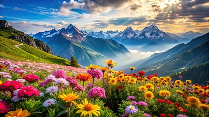 Beautiful mountain landscape with colorful flowers in focus, helping to enhance concentration and focus, nature
