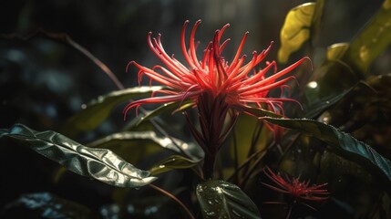 Red exotic flower in bloom with long thin petals and green leaves in the background