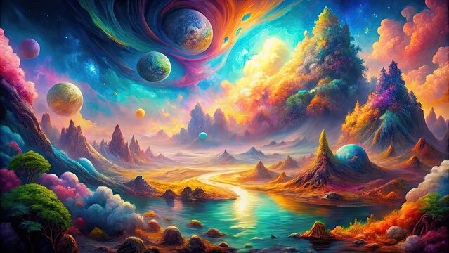 An abstract representation of different realms with vibrant colors and textures, abstraction, surreal, fantasy