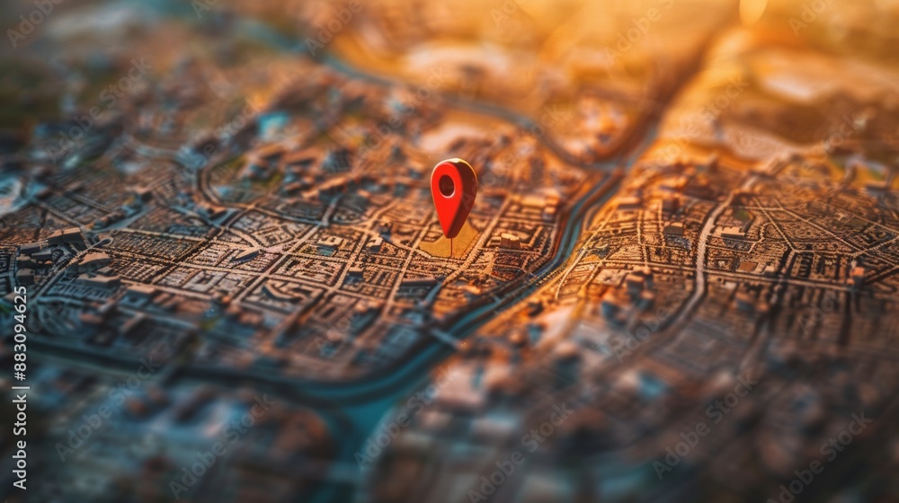 Poster navigate with folded maps, find your destination marked with a red pin on a building in a bustling c