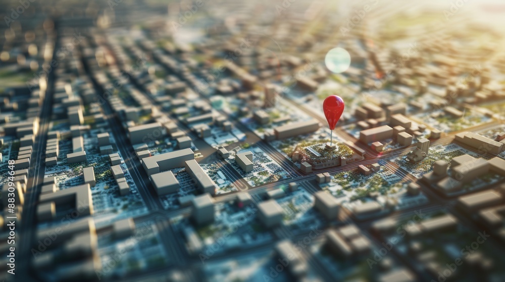 Poster navigate with folded maps, find your destination marked with a red pin on a building in a bustling c