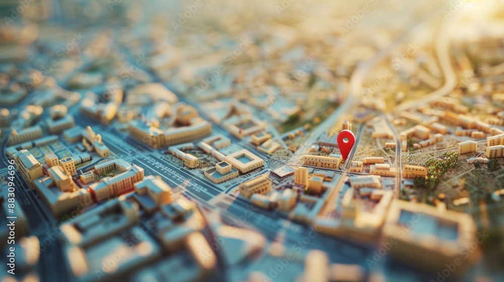 Poster navigate with folded maps, find your destination marked with a red pin on a building in a bustling c