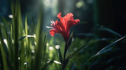 Single red gladiolus flower in a field of green grass with a blurred background