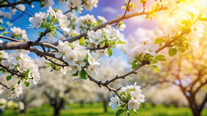 Apple tree branches full of white blossoms under the sunlight on a beautiful spring day, spring, apple tree, blossom