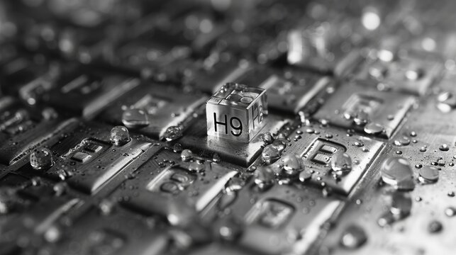 A cube labeled H9 sits on a water-covered keyboard surface, representing a blend of technology and nature, with droplets adding to the artistic appeal of the scene.