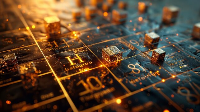 An artistic rendering of the periodic table illuminated with golden glowing elements, representing the fusion of science and art in a visually stunning composition.