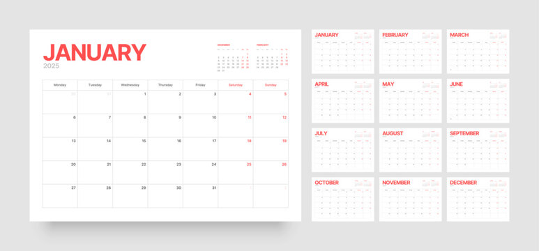 Monthly calendar template for 2025 year. Diary planner in a minimalist style. Week Starts on Monday. 