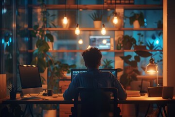 productivity of a person working from home at night on remote job, using laptop and IoT enabled devices to streamline workflows in a modern office or workspace