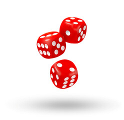 Red dice, gaming cubes flying isolated on white