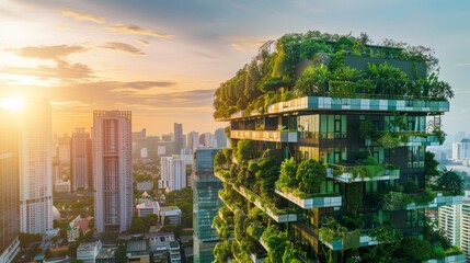 Obraz premium Protect our planet! Green city with eco-friendly buildings and clean energy showcases how we can live sustainably.