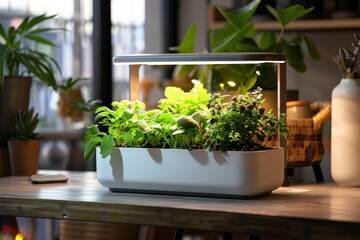 sustainability with a minimalist eco-friendly practice in smart indoor garden, such as composting or using energy-efficient LED grow lights, promoting sustainable living through indoor gardening hobby