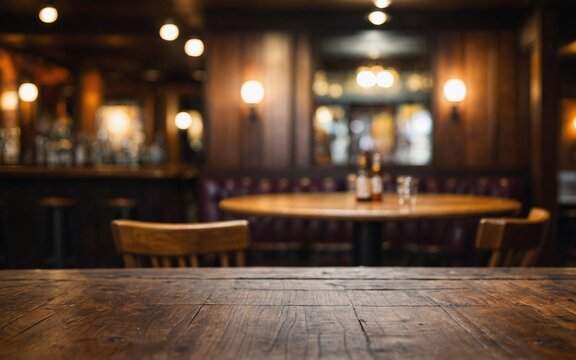 Wooden round table and pub or bar blur background