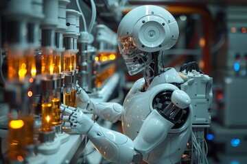 Fototapeta premium Photo, robot monitoring work in medical laboratory, technology, futuristic, healthcare, clean, modern. Generative AI