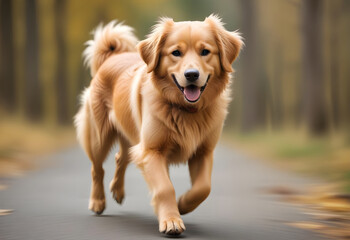 Obraz premium Happy golden retriever dog running on the road