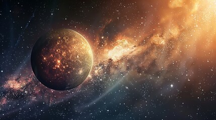 Naklejka premium A stunning golden celestial sphere set prominently against the backdrop of the Milky Way, highlighting intricate details and the grandeur of the cosmos.