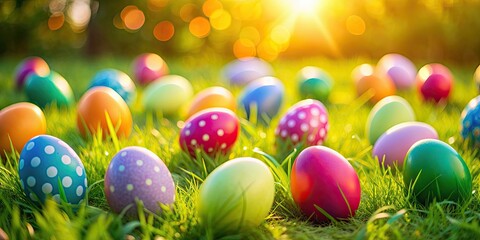 Background with colorful Easter eggs scattered on grass , Easter, eggs, spring, holiday, celebration, decoration, pastel