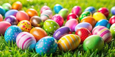 Fototapeta premium Background of colorful Easter eggs scattered on grass , Easter, eggs, holiday, decor, spring, decoration, festive
