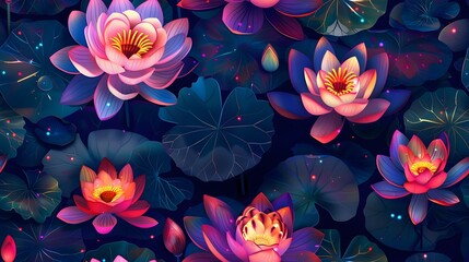 Vibrant Lotus Flowers Illuminated by Diwali Lights in Serene Pond Garden Setting