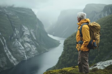 senior person from behind with their gray hair in their 70s taking a moment to appreciate the beauty of fjord nature while hiking, trekking in the mountains, deep connection with the natural world