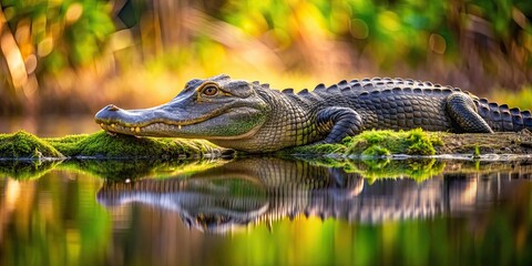 Fototapeta premium Alligator resting in water with moss and reflections, alligator, wildlife, reptile, swamp, nature, water