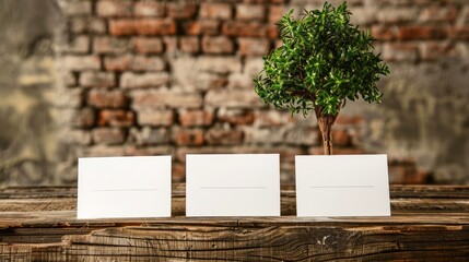 Decorative tree and blank cards on wooden table for business branding
